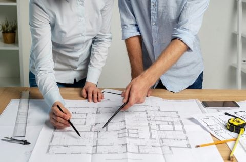 Cropped two builder person specialist designer in formalwear shirt stand on workstation with divider pencil ruler measurement on table discuss analyzing expertise inspect scheme make paper paperwork