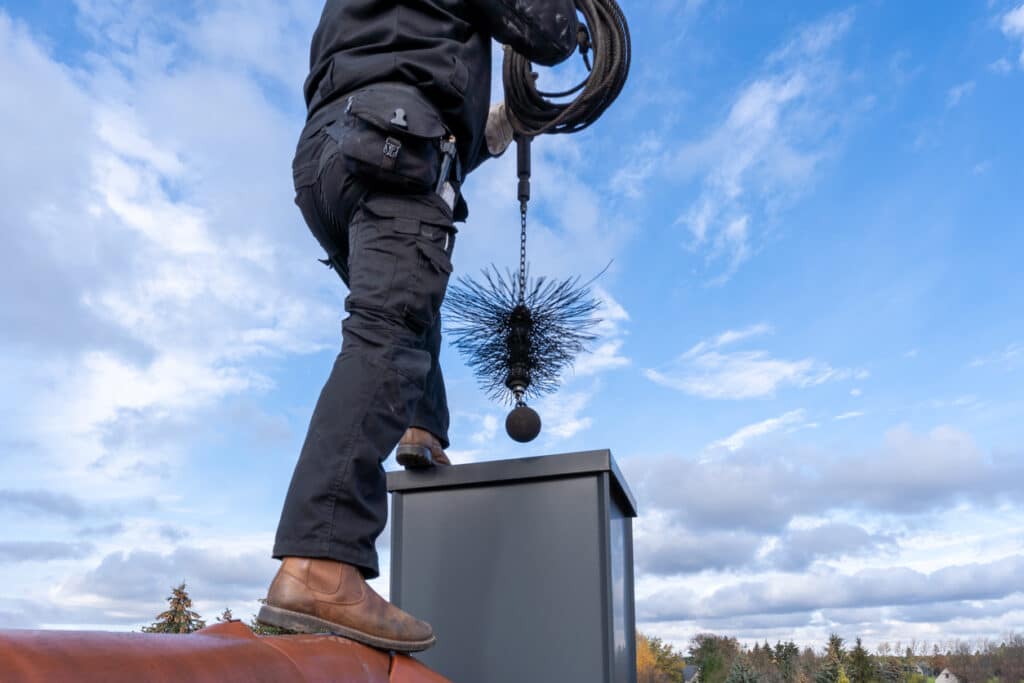 Man using a brush to clean a home's chimney - tips to cleaning a chimney.