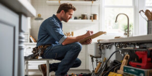 Plumber or maintenance worker crouched down inspecting or repairing a kitchen sink