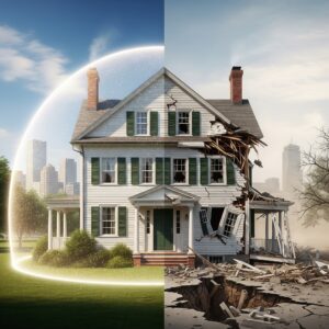 A split-screen image of a New England-style house. The left side shows the home completely intact and protected by a glowing, transparent shield. The right side shows the same house severely damaged by an earthquake, with a cracked foundation, crumbling walls, and a debris-filled landscape.