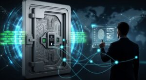 A businessman interacts with a futuristic, holographic fingerprint scanner to secure a high-tech vault, symbolizing advanced cyber insurance and the protection of digital assets for high-net-worth individuals.