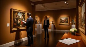 An insurance adjuster inspects a valuable painting in a home art gallery while the homeowner looks on. The scene conveys an atmosphere of professionalism, security, and appreciation for fine art.
