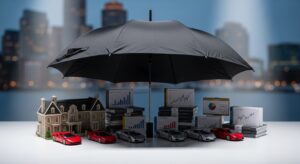 A large black umbrella shelters miniature luxury assets, including a mansion, several sports cars, and stacks of investment portfolios. These items are arranged on a clean white surface with a blurred city skyline in the background, conveying a concept of wealth management and insurance.