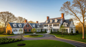 Estate insurance: colonial-style luxury home with circular driveway, brick wing, black shutters, and well-kept lawn at golden hour