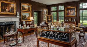 Elegant estate room displaying valuable items requiring insurance appraisals including fine art paintings, jewelry collection in glass case, antique furniture, silver tea service, porcelain figurines, and Persian rugs - typical high-value possessions owned by Massachusetts homeowners