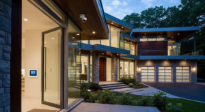 As dusk settles, this luxurious multi-story home comes to life with a warm, inviting glow. The architecture showcases a modern aesthetic with its combination of stone veneer, wood siding, and expansive windows. The well-lit interior, visible through the open entryway and large glass panes, contrasts beautifully with the cool evening air, creating an image of sophisticated and comfortable living.