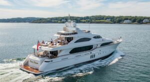 A large, multi-deck luxury yacht named "Ocean Dream" sails on calm waters off the coast of Massachusetts, with people relaxing on the top deck and a picturesque coastline in the background.