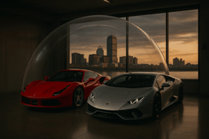 Red Ferrari and silver Lamborghini parked side by side under a transparent protective dome in a modern garage with polished concrete floors, large windows showcasing the Boston skyline at sunset.