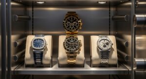 A collection of high-end watches, including a Rolex, Patek Philippe, and Audemars Piguet, are displayed inside an open, high-security safe. The watches are lit by a soft light, highlighting their details against the dark, plush interior of the safe.