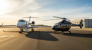 A white private jet and a dark helicopter are parked side-by-side on an airport tarmac during sunrise or sunset. The jet is on the left with its stairs down, and the helicopter is on the right. The warm light casts long shadows in front of the aircraft, and a hangar is visible in the background.