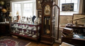 The interior of a well-lit Massachusetts antique shop. A prominent grandfather clock stands next to a glass display cabinet filled with valuable silver sets and jewelry. In the foreground, an antique desk holds a stack of old books, and a sign for "Massachusetts Antiques & Collectibles" is visible in the background.