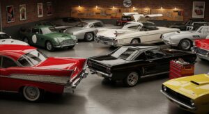A collection of pristine classic cars, including a red Chevrolet Bel Air and a black Ford Mustang, displayed in a well-organized collector's garage.