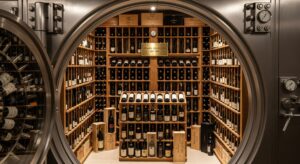 View through an open, heavy-duty circular bank vault door into a large wine cellar. The cellar is filled with wooden racks holding hundreds of wine bottles, with some in wooden cases on the floor. A plaque in the center reads "Private Collection EST. 1920."