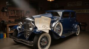 A deep blue, vintage 1930s Duesenberg Model J is parked inside a classic brick garage. On its polished hood, a set of antique insurance papers and a pair of spectacles are displayed, symbolizing the specialized protection required for such a valuable vehicle.