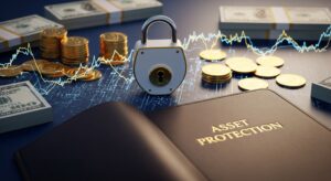 A secure padlock sits on a digital surface with financial charts, surrounded by stacks of gold coins and bundles of hundred-dollar bills. In the foreground, a black portfolio is titled "ASSET PROTECTION" in gold letters, symbolizing wealth preservation and insurance.