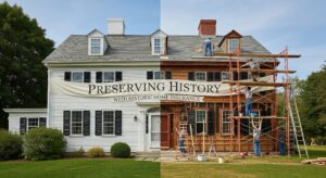 A historic colonial-style house is depicted with a split view. The left side of the house is perfectly maintained, while the right side is under construction, with scaffolding and workers, to illustrate the process of historic preservation and the role of insurance in protecting such properties.