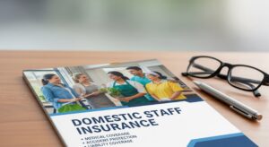 A brochure for "Domestic Staff Insurance" rests on a wooden desk with a pen and glasses. The cover features a diverse group of smiling domestic staff and lists key benefits like medical and liability coverage.