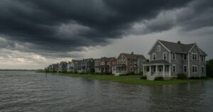Massachusetts neighborhood at risk of flooding, illustrating flood insurance requirements.