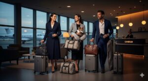 Three affluent business travelers with designer luggage and briefcases in modern airport lounge with private jet visible through windows, illustrating luxury travel insurance coverage needs