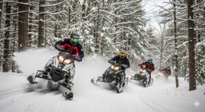 Four snowmobile riders navigating snowy forest trail in Massachusetts wearing safety gear