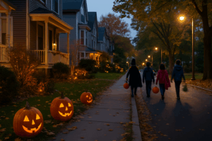 Massachusetts neighborhood at dusk with trick-or-treaters walking past decorated homes and glowing pumpkins.