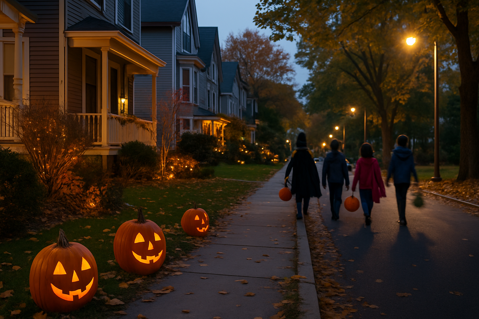 Massachusetts neighborhood at dusk with trick-or-treaters walking past decorated homes and glowing pumpkins.
