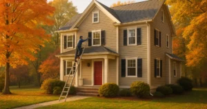 Massachusetts homeowner preparing house for fall to reduce insurance premiums.