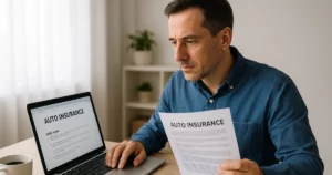 Massachusetts driver reviewing auto insurance options on laptop at home