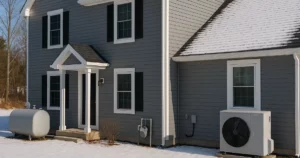 Massachusetts home exterior in winter with oil, gas, and electric heating elements representing how heating systems affect insurance costs.