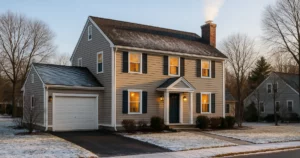 A well-maintained Massachusetts home in winter with snow on the ground, representing winter home insurance preparation