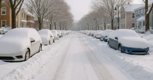 Snow-covered Massachusetts street with parked vehicles illustrating winter parking insurance coverage conditions.