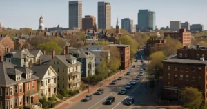 Editorial skyline and neighborhood view representing Cambridge insurance needs across homes, traffic, and businesses.