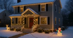 Massachusetts home with holiday decorations illustrating holiday decorating insurance claims and safety risks.