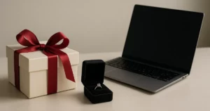 Luxury holiday gifts including a ring and electronics representing the need for holiday gift insurance coverage.