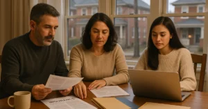 Family in a Massachusetts home reviewing a year-end insurance checklist at the kitchen table.