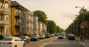 Somerville insurance illustration showing local homes, traffic, and small businesses.