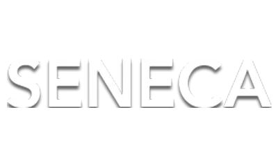 SENECA logo: bold white letters on a black background with a subtle glitch effect.
